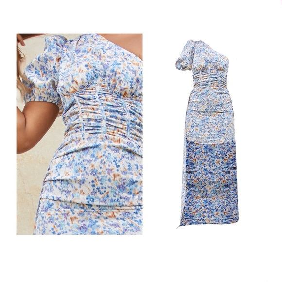 PrettyLittleThing Dresses & Skirts - One Shoulder Dress Puff Sleeve Long Train Mini Blue Pretty Little Thing Small 4